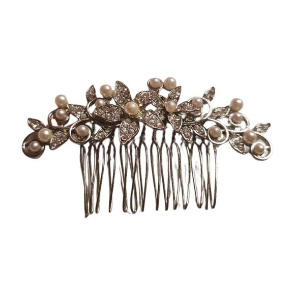 Vintage Floral Faux Pearl and Rhinestone Hair Comb - Picture 1 of 4